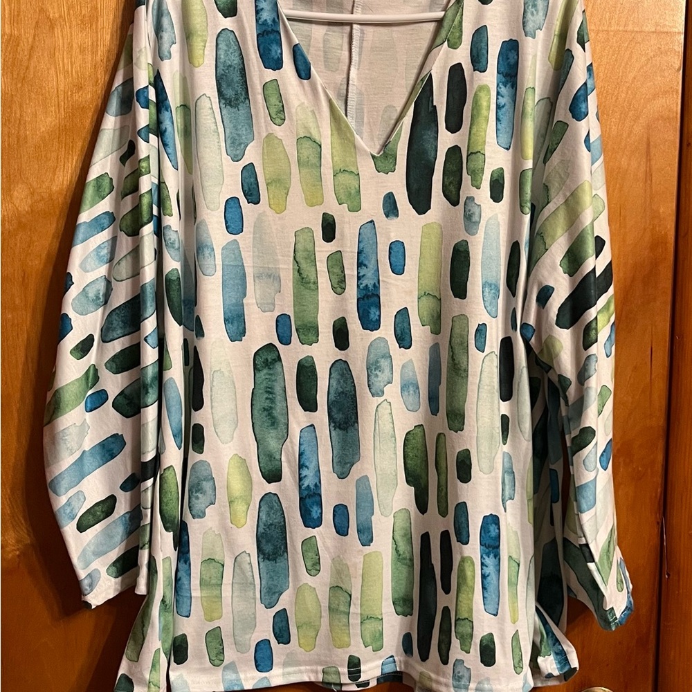 SHEIN Green and Blue Relaxed V-Neck Blouse